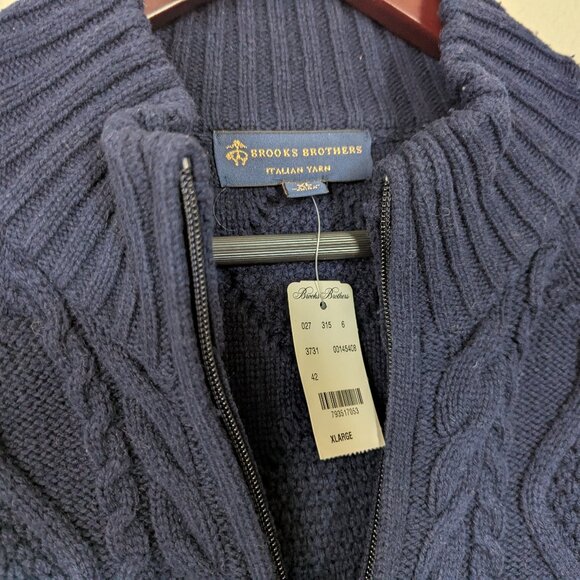 NWT Brooks Brothers Men's Merino Wool Blend Zip Up Cable Knit Sweater Navy XL - Picture 4 of 11